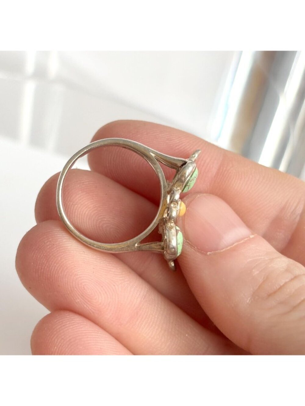 Turquoise & Coral Gemstone Butterfly Sterling Silver 925 Vintage Ring - sz 6.75 - Picture 13 of 16